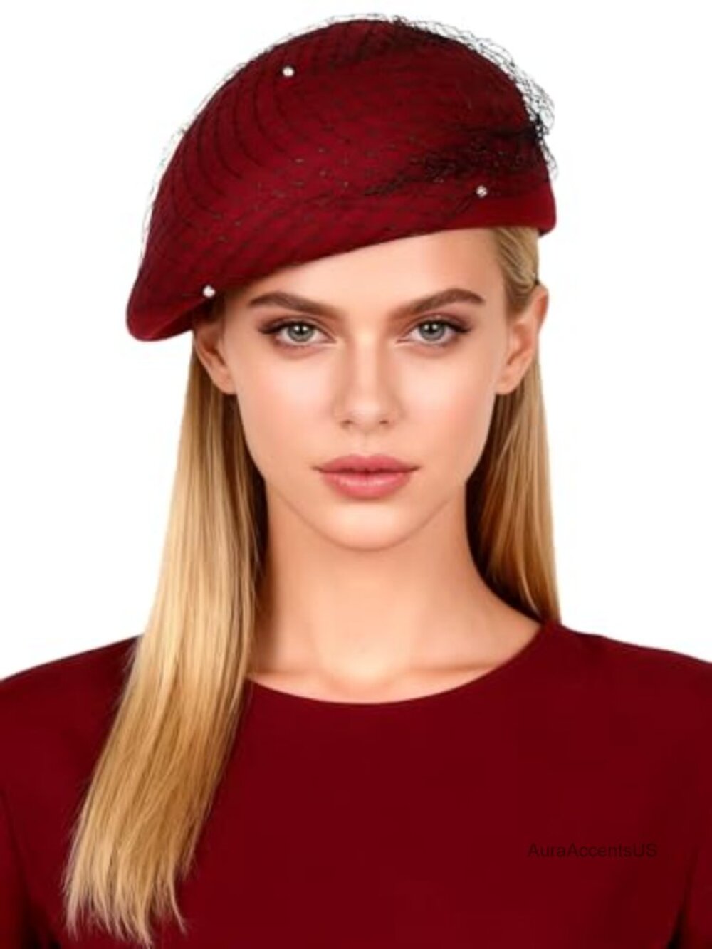 Wool Felt Beret Hat with Veil Beads Fascinator Formal Church Party